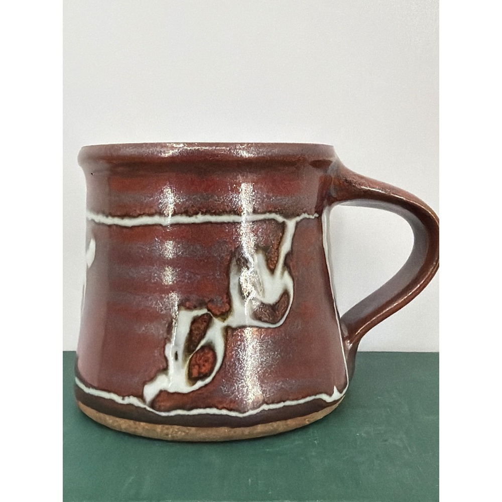 Studio Pottery Mug Handcrafted Stoneware Iron Red Glaze Abstract Artist Signed